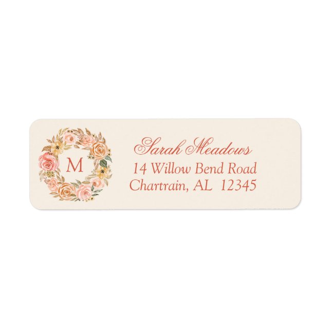 Peach Orange Tan Rose Floral Wreath Rücksendeadres (Vorne)