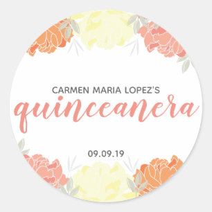 Peach Orange & Yellow Peonies Quinceañera Geburtst Runder Aufkleber