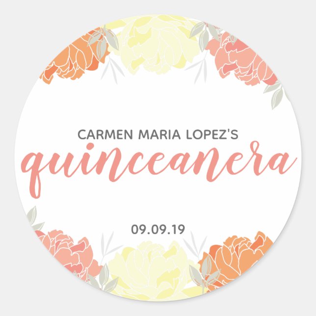 Peach Orange & Yellow Peonies Quinceañera Geburtst Runder Aufkleber (Vorderseite)