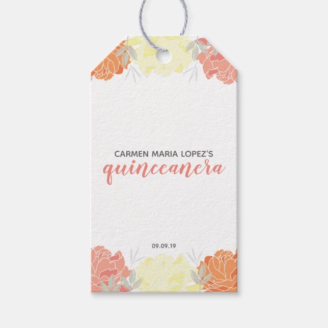 Peach Orange & Yellow Peonies Quinceanera Party Geschenkanhänger (Vorderseite)