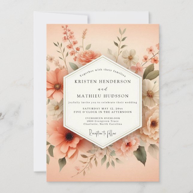 Peach Painterly Bloom Wedding Einladung (Vorderseite)