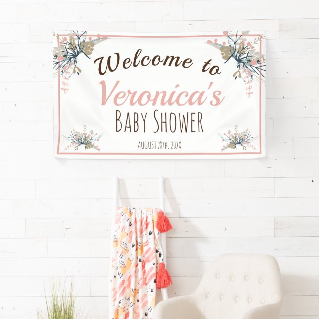 Peach Pastel Botanical Baby Dusche Empfang Banner (Insitu)