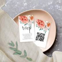 Peach Peonals Florals Script QR Code Wedding RSVP