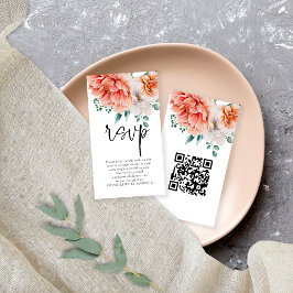 Peach Peonals Florals Script QR Code Wedding RSVP Begleitkarte