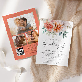 Peach Peonies Florals 3 Fotos QR Code Hochzeit Einladung