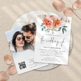 Peach Peonies Florals Foto QR Hochzeit Einladung