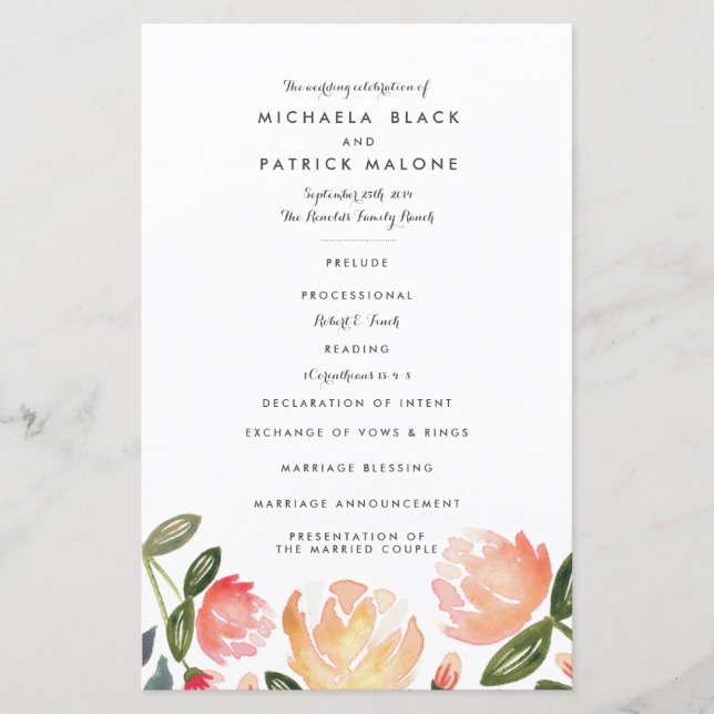 Peach Peonies Hochzeitsprogramme (Vorderseite)
