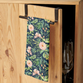 Peach Peonies on Dark Blue Kitchen Handtuch