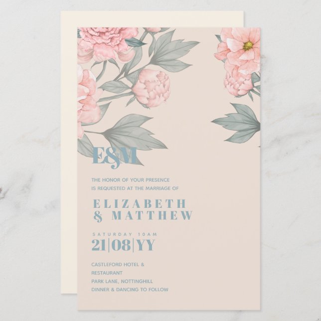 Peach Peonies Sage Floral Budget Hochzeit (Vorne/Hinten)