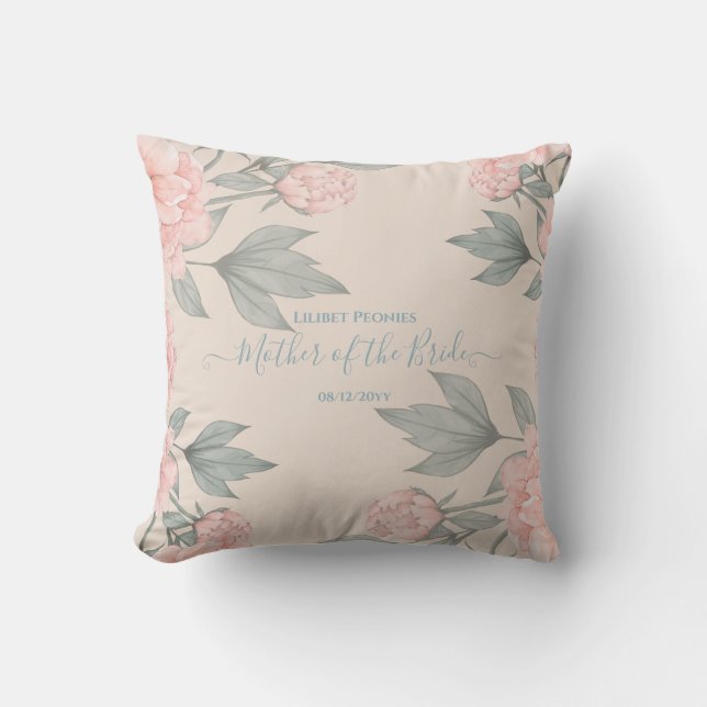 Peach Peonies Sage Floral Budget Hochzeit Kissen (Vorderseite)