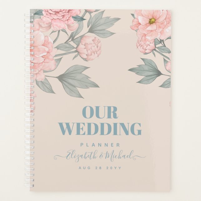 Peach Peonies Sage Floral Budget Hochzeit Planer (Vorderseite)