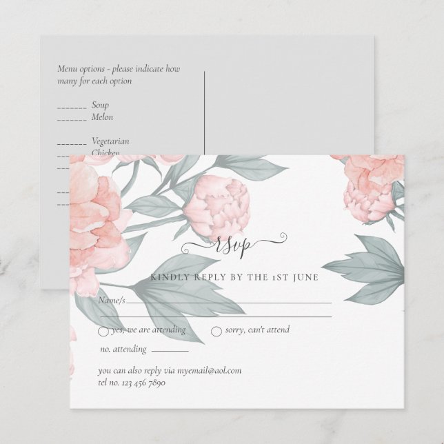 Peach Peonies Sage Floral Budget Hochzeit RSVP Postkarte (Vorne/Hinten)