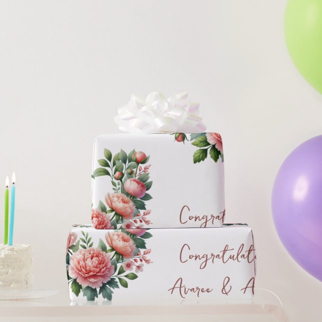 Peach Peonings on White Personalisiert Wedding/Dus Geschenkpapier (Partygeschenke)
