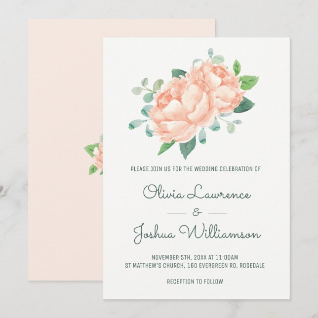 Peach Peony Aquarelle Mariage Invitations (Devant / Derrière)