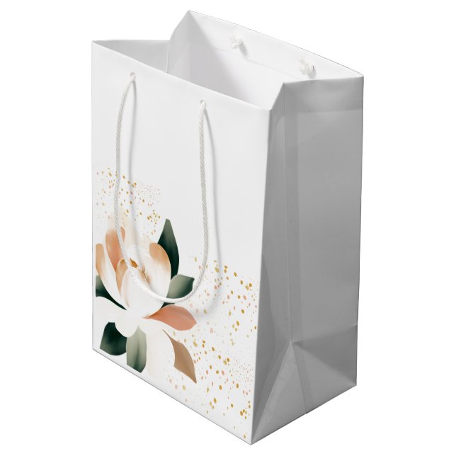Peach Peony Blume und gesprenkelte Punkte Mittlere Geschenktüte (Rückseite Schrägansicht)