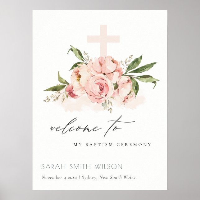 Peach Peony Floral Cross Taufe Begrüßung Poster (Vorne)