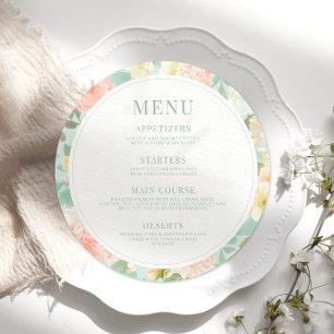 Peach Peony Flowers Mint Mariage Round Flat Menu