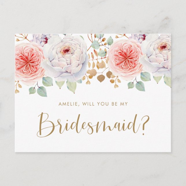 Peach Peony Gold Blätter werden Sie meine Bridesma Einladungspostkarte (Vorderseite)