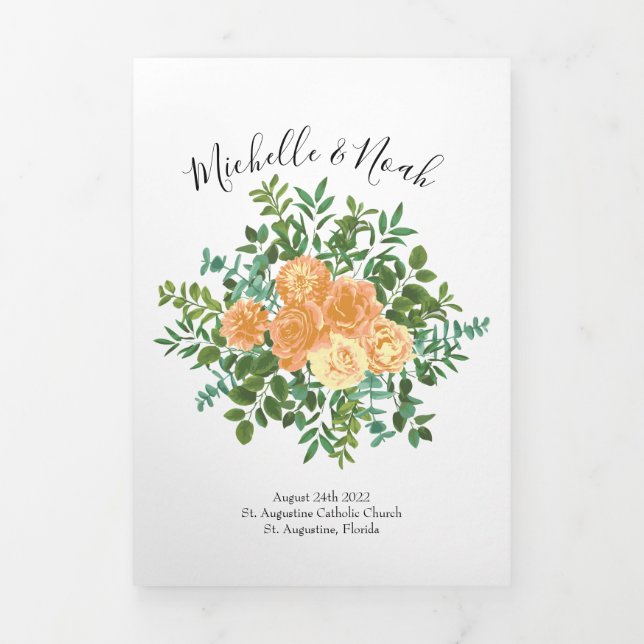 Peach Peony & Rose Floral WedPrograms Dreifach-gefaltete Programmkarte (Cover)