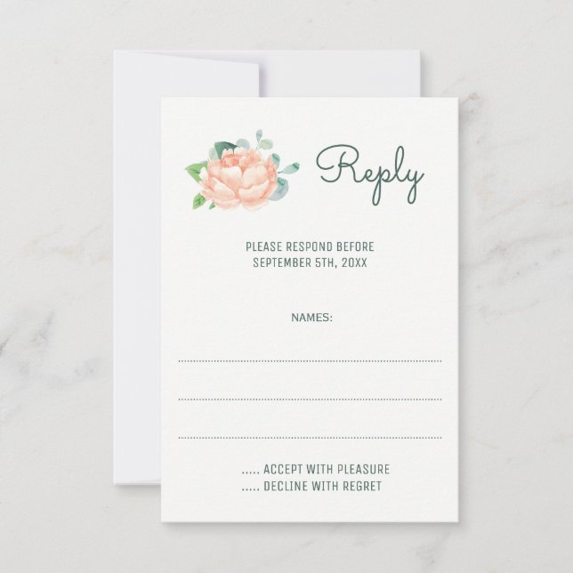 Peach Peony Watercolor Hochzeitskarten RSVP Karte (Vorderseite)