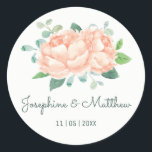 Peach Peony Watercolor Wedding Stickers<br><div class="desc">Diese Hochzeitsaufkleber sind mit Blume aus Aquarellpunke versehen. Sie können diese Aufkleber mit Ihren Namen und Ihrem Hochzeitstermin personalisieren. Klicken Sie auf die Schaltfläche "Anpassen", um weitere Optionen zu erhalten, wenn Sie die Textgröße ändern oder einen zusätzlichen Text hinzufügen möchten. Diese Aufkleber eignen sich ideal für die Verwendung als Umschlag...</div>