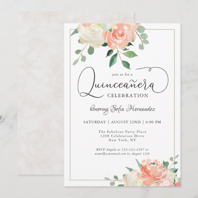 Peach Pink and White Elegante Quinceanera Party Einladung (Vorne/Hinten)
