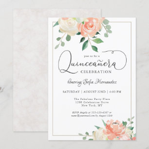 Peach Pink and White Elegante Quinceanera Party Einladung