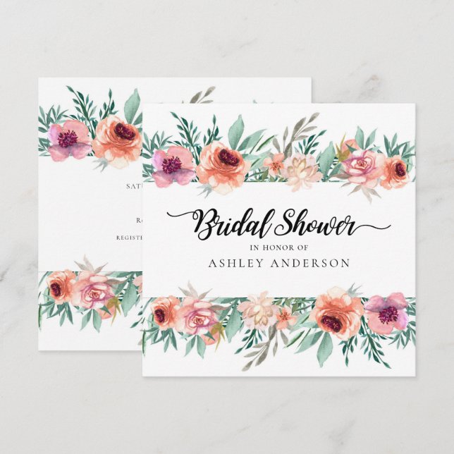 Peach Pink Aquarell Blume Modernes Brautparty Einladung (Vorne/Hinten)