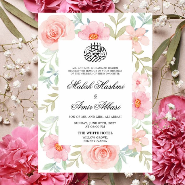 Peach & Pink Blumendesign Islamische Hochzeit Einladung (Von Creator hochgeladen)