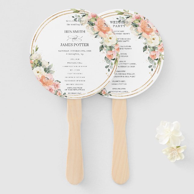 Peach Pink Blush Elfenbeinblume Gold Hochzeitsprog Fächer (Vorne und Hinten)