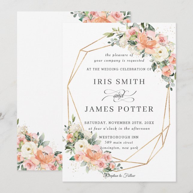 Peach Pink Blush Elfenbeinblume Hochzeitgeometrie Einladung (Vorne/Hinten)
