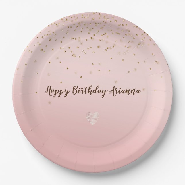 Peach Pink Blush Gold Glitz Confetti Sparkle Herz Pappteller (Vorderseite)