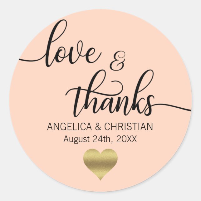 PEACH PINK Blush Gold LIEBE & DANK Hochzeit Runder Aufkleber (Vorderseite)