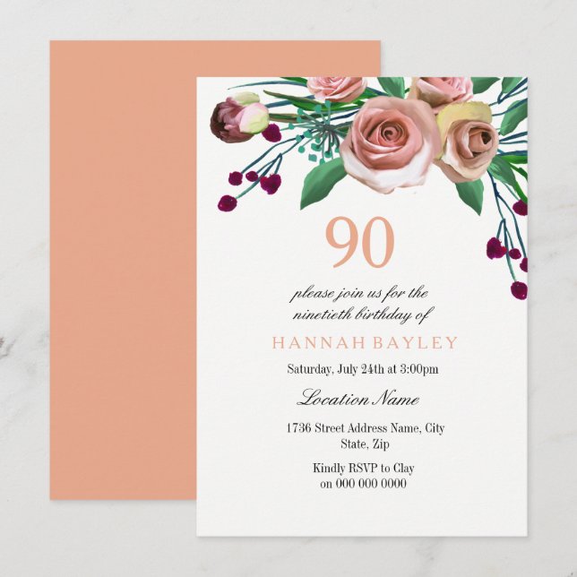 Peach Pink Burgundy Rose 90. Geburtstag Einladung (Vorne/Hinten)