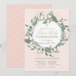 Peach Pink Cotton Wreath Erste Heilige Kommune Einladung