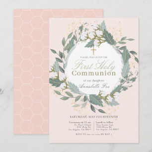 Peach Pink Cotton Wreath Erste Heilige Kommune Einladung