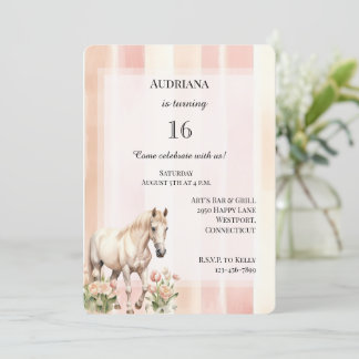 Peach Pink Cream Stripes Floral Pferd Geburtstag Einladung
