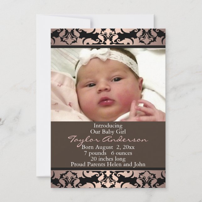Peach Pink Damask Foto Geburtsankündigung Ankündigung (Vorderseite)