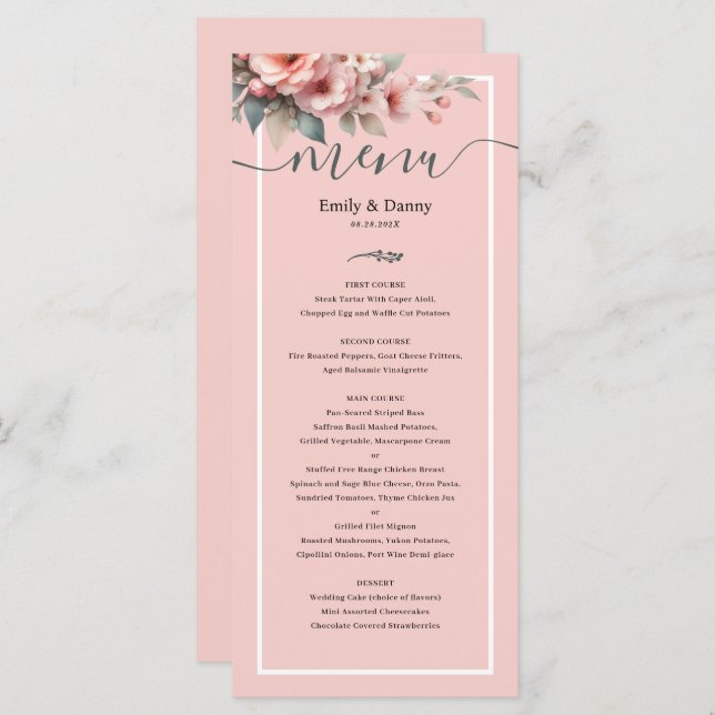 Peach Pink Elegant Botanical Mariage Menu (Devant / Derrière)