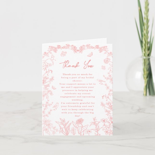Peach Pink Garden Chinoiserie Brautparty Dankeskarte (Vorderseite)