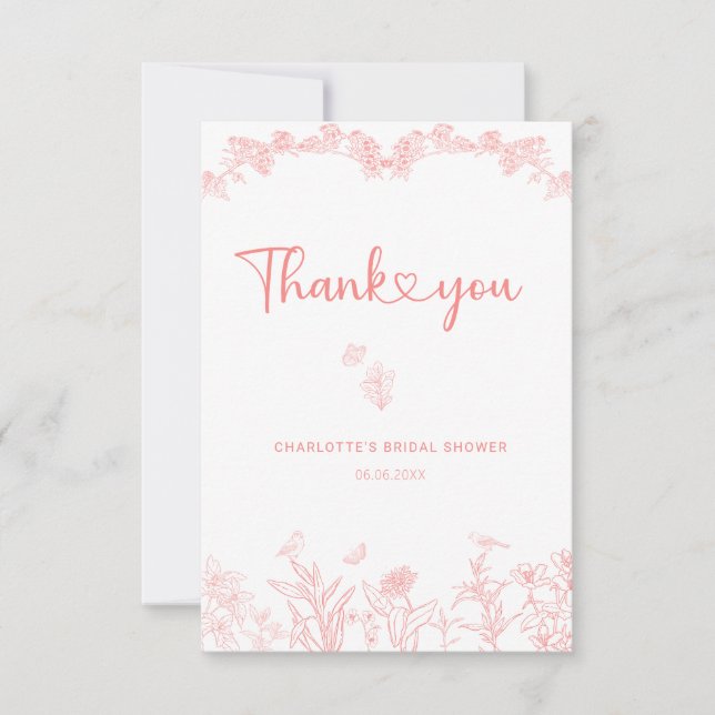 Peach Pink Garden Chinoiserie Brautparty Dankeskarte (Vorderseite)