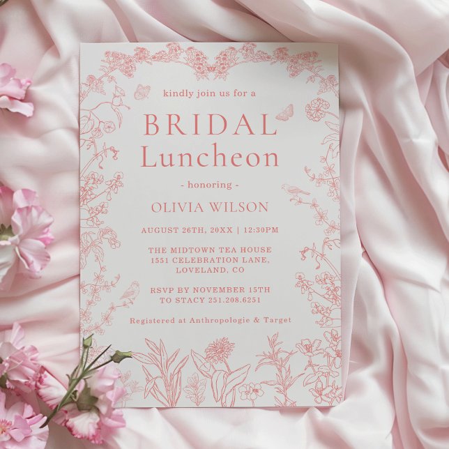 Peach Pink Garden Chinoiserie Bridal Einladung (Whimsical butterflies & Birds Peach Pink Garden Chinoiserie Bridal Luncheon Invitation)