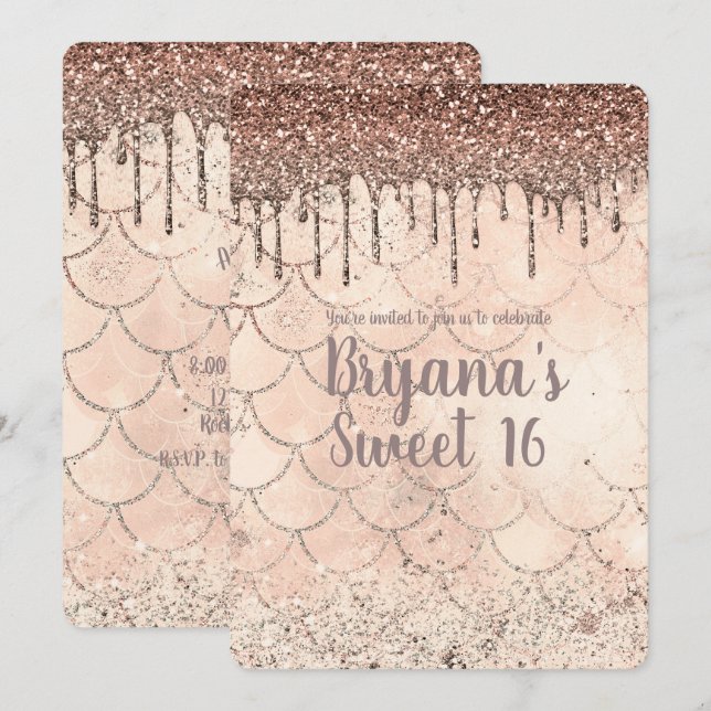 Peach Pink Glitzer Tropfen Mermaid Sweet 16 Party Einladung (Vorne/Hinten)