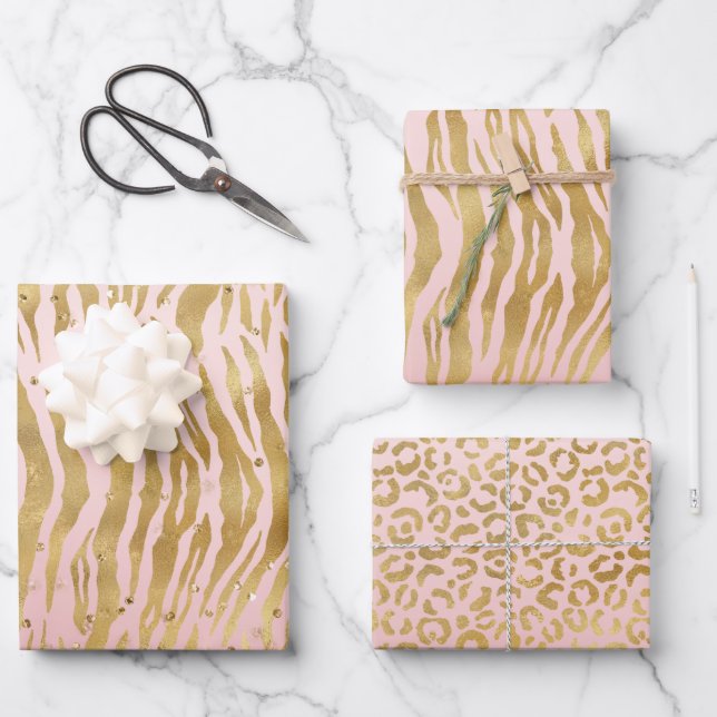 Peach Pink Gold Glitz Sparkle Zebra Print Geschenkpapier Set (Vorderseite)