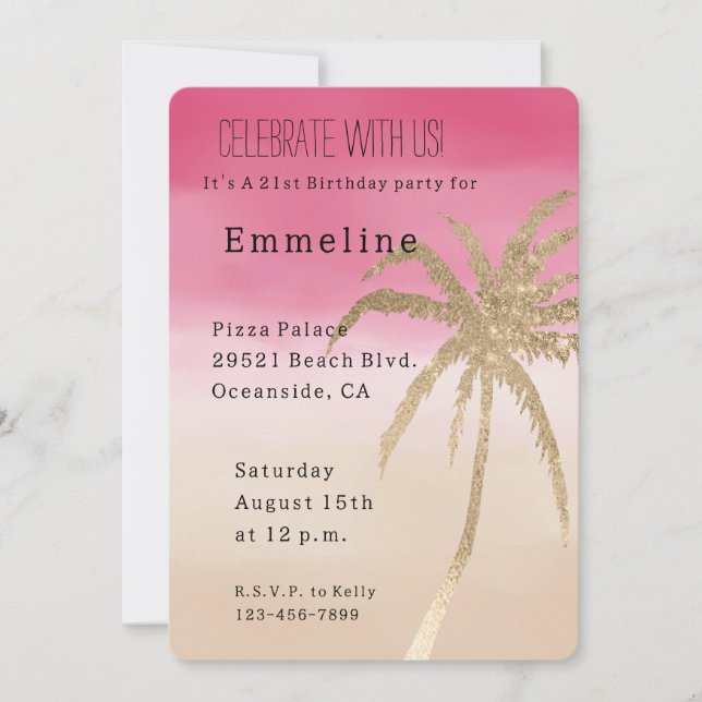 Peach Pink Gold Tropical Palm Tree Einladung (Vorderseite)