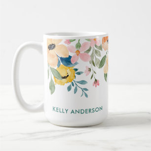 Peach Pink Grau Botanische Wasserfarbe Blumenstrau Kaffeetasse
