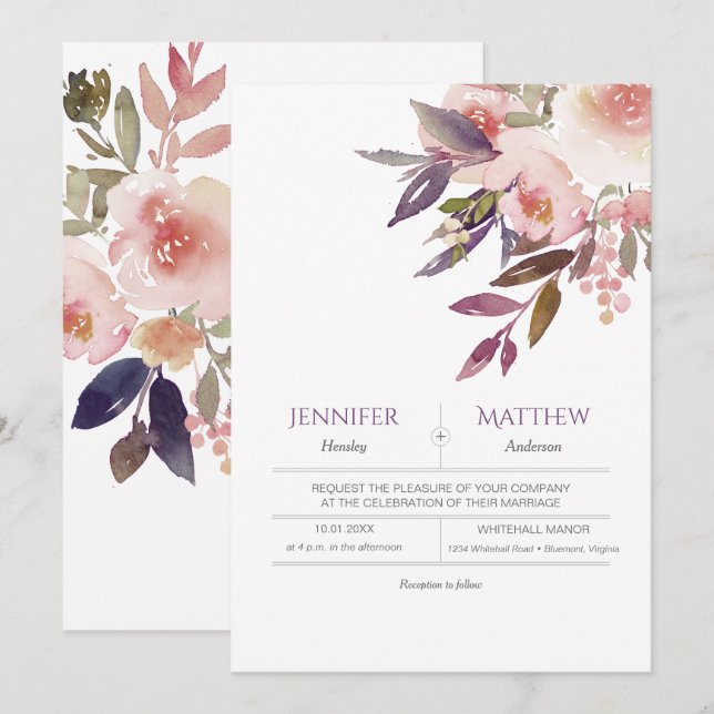 Peach Pink Lavender Wasserfarben Hochzeitseinladun Einladung (Vorne/Hinten)