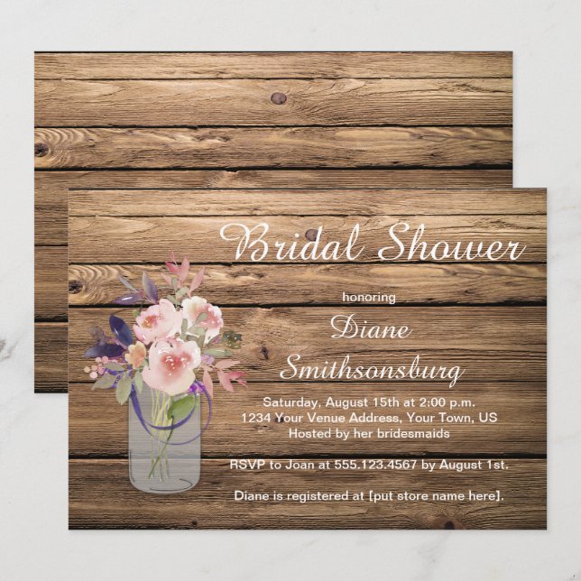 Peach Pink Lavender Wildblumen Barnwood Bridal Einladung (Vorne/Hinten)