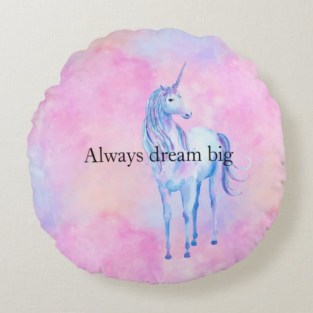 Peach Pink Lila Unicorn Rundes Kissen (Vorderseite)