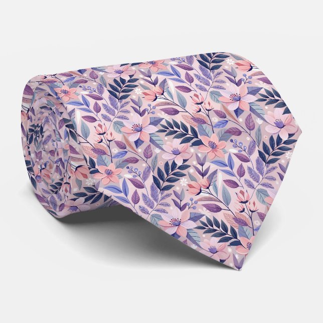Peach Pink Navy Blume Blumenmuster Krawatte (Gerollt)